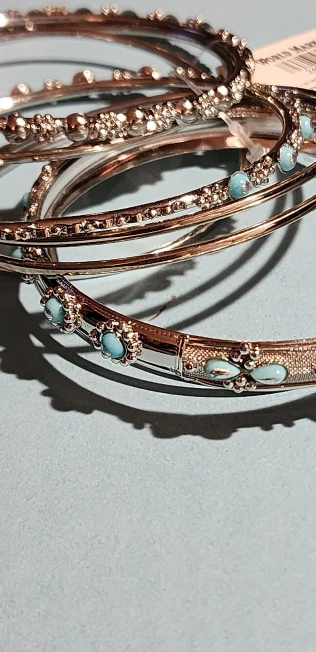 World Market L/XL Metal Bangle Bracelets 9 Pieces In Colors Silver And Sky Blue